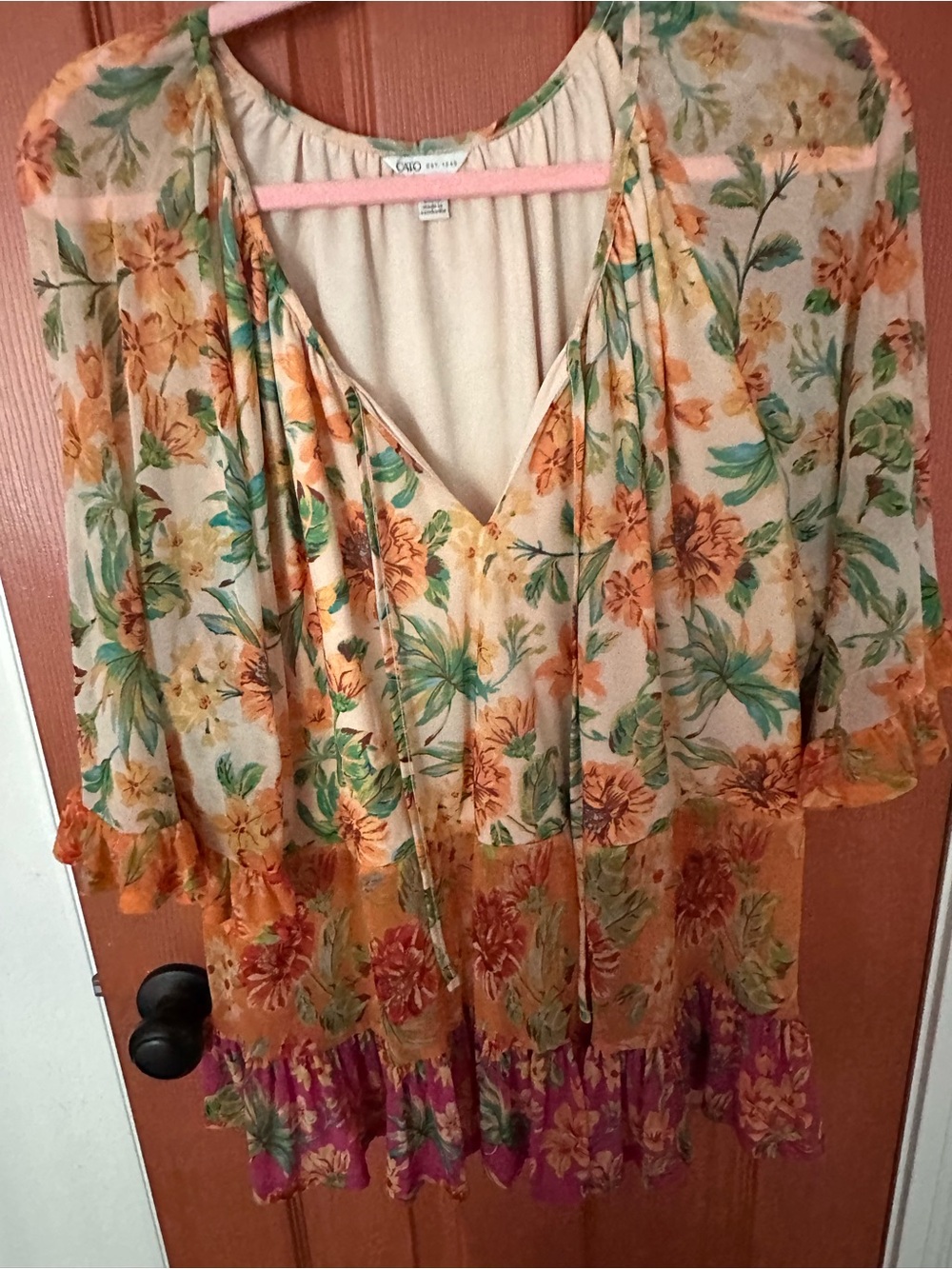 Cato women’s Floral Tiered V-Neck Tunic in Orange, Green and Pink